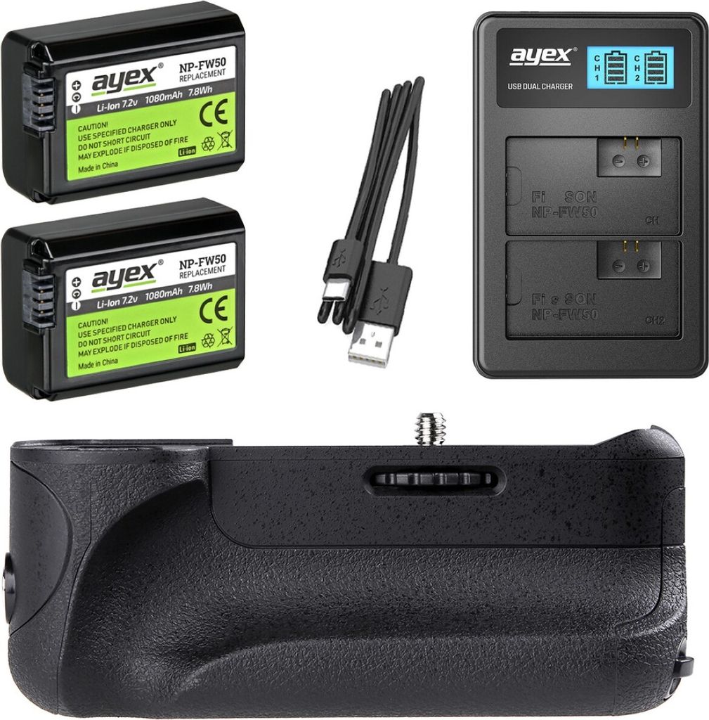 Batteriegriff Set für Sony Alpha A6300 A6000 + 2x NP-FW50 Akku + 1x USB Dual Ladegerät