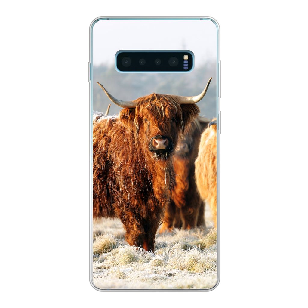 MuchoWow Handyhülle Schutzhülle Hülle für Samsung Galaxy S10 Plus Schottische Highlander - Schnee - Wald Silikon Softcase Handy Hülle - Schu...