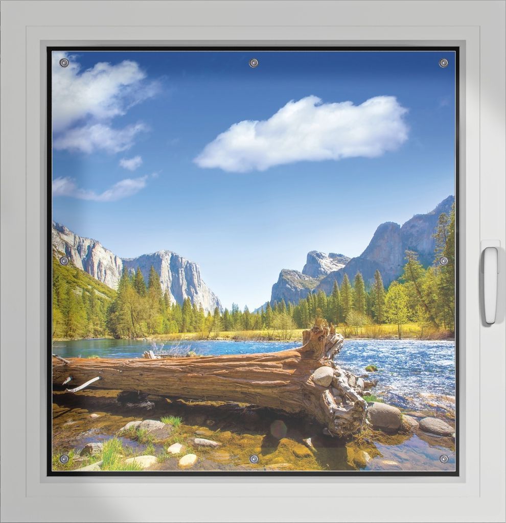 Wallario Lichtschutzbild, Dekorativer Sichtschutz Sonnenschutz 96 x 100 cm mit Motiv: Baumstamm im Fluss zwischen Bergen und Wäldern - Verdunklung...