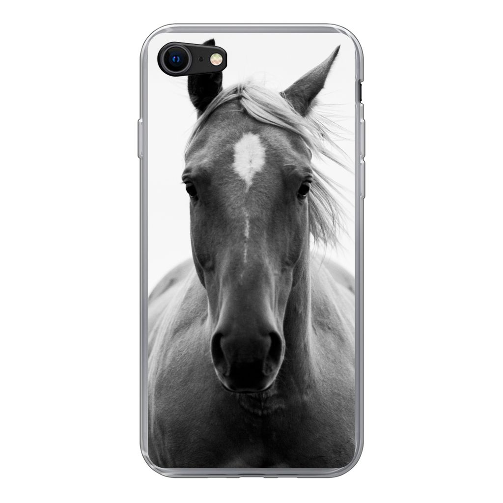 MuchoWow Handyhülle Schutzhülle Hülle für iPhone SE 2020 Pferd - Tier - Schwarz - Weiß Silikon Softcase Handy Hülle - Kartenbesitzer