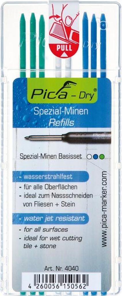 Pica Dry Ersatzminen Etui Basis-Set, wasser- strahlfest, 3x blau, 3x grün, 2x weiß