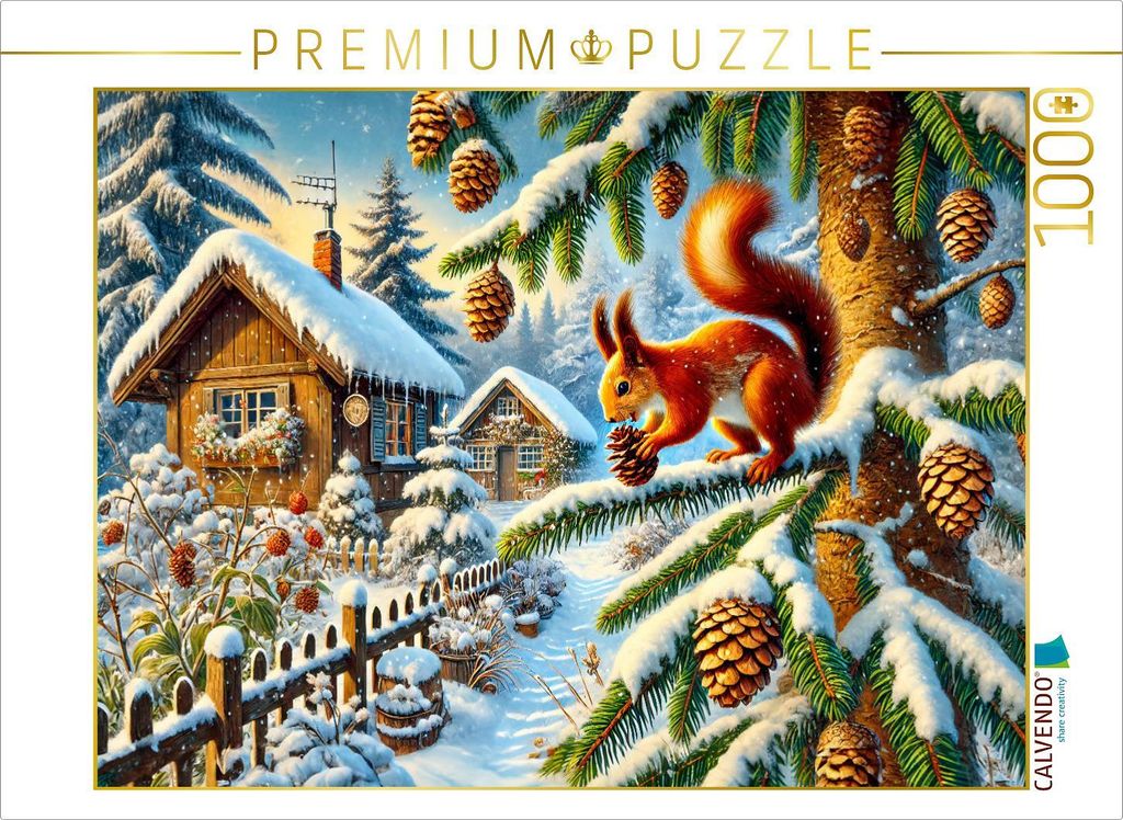 CALVENDO Puzzle Eichhörnchen holt sich die Zapfen am Tannenbaum im Winter | 1000 Teile Lege-Größe 64x48cm Foto-Puzzle für glückliche Stunden