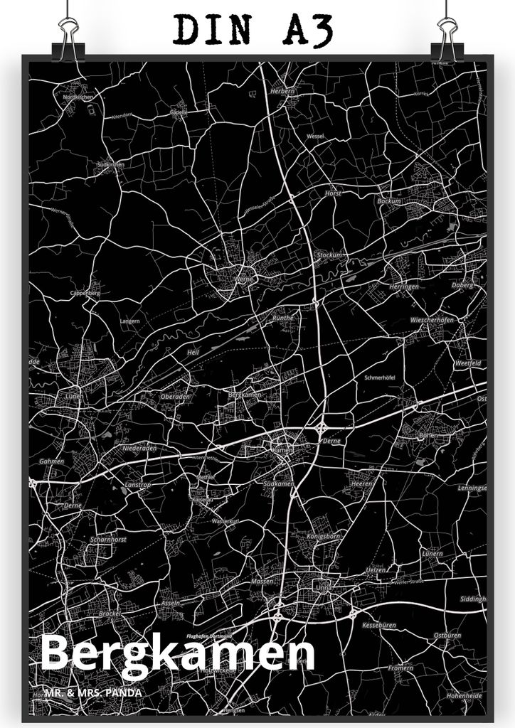 Mr. & Mrs. Panda Bild Bergkamen DIN A3 - Geschenk, Kunstdruck, wanddeko, Stadt, Deko, Plakat, Dorf Karte Landkarte Map Stadtplan, Wandbild