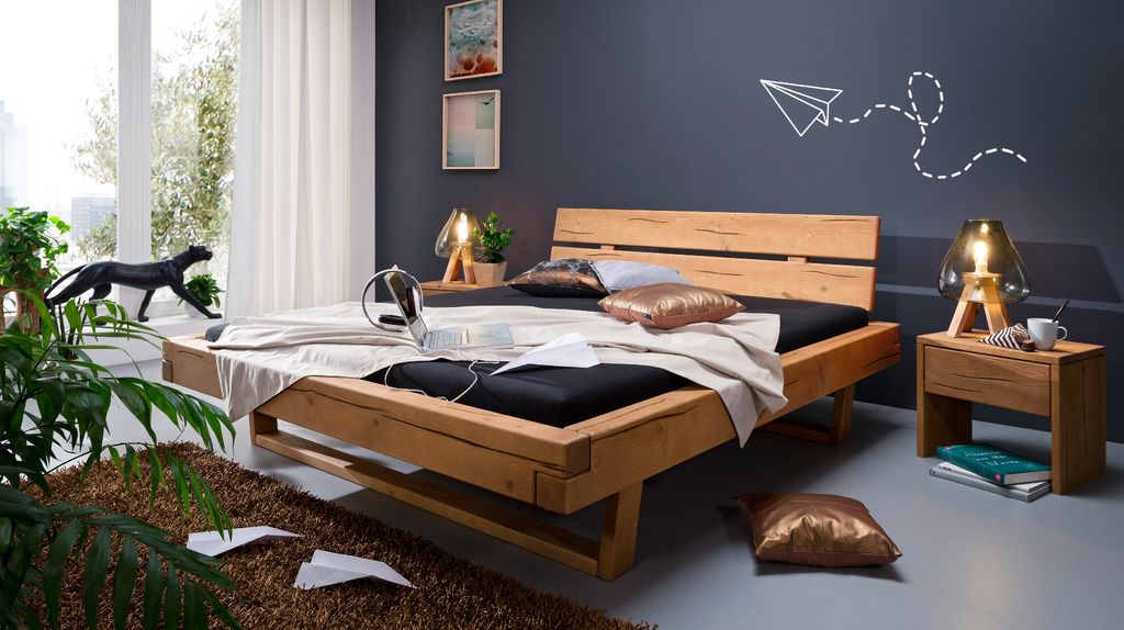 KAWOLA Balkenbett MALA Kiefer eichefarbig massiv 200x200cm