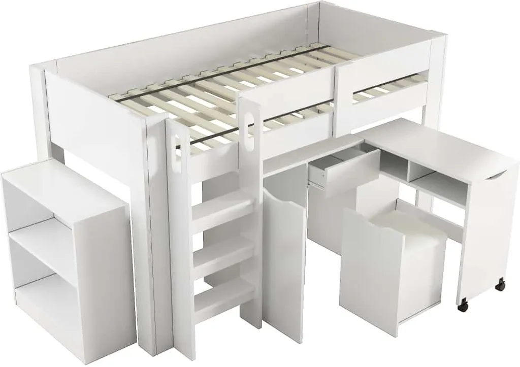 AIORBER Lit superposé 90x200 avec bureau et armoire en MDF blanc - 7