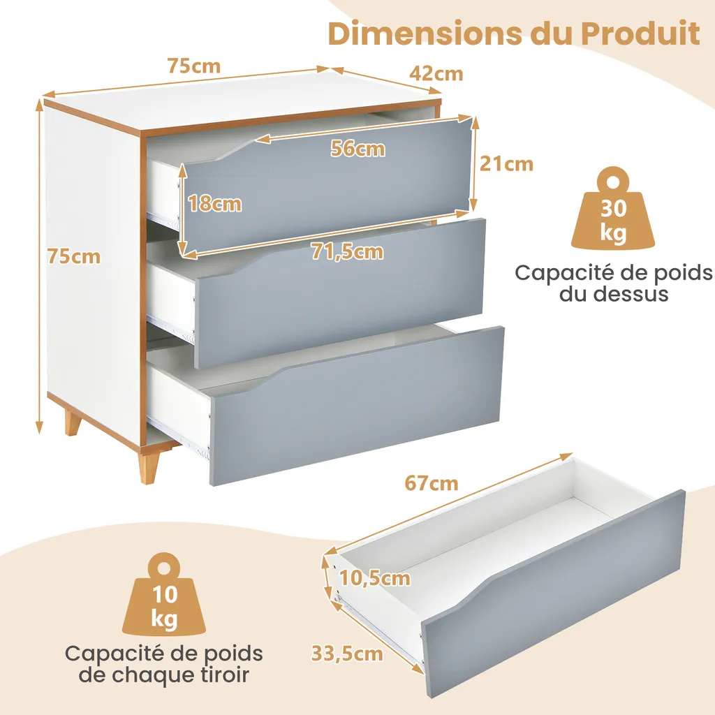 Commode 3 tiroirs avec poignées intégrées et sécurité anti-basculement - 6