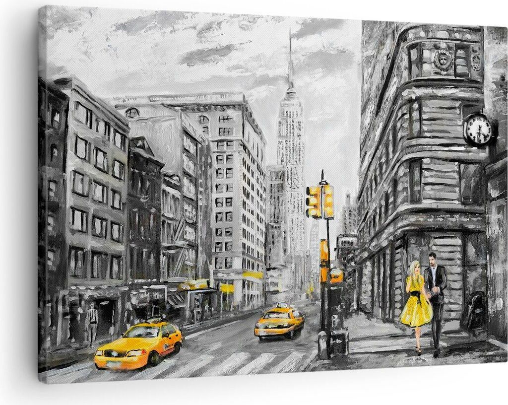 Bild auf Leinwand - Leinwandbild - Stadt Taxi Wolkenkratzer Illustration - 70x50cm - Wand Bild - Wanddeko - Leinwanddruck - Bilder - Kunstdruck - L...