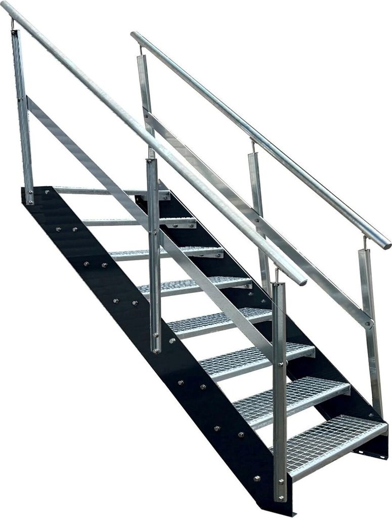 Gitterrost Stahl Wangentreppe 8 Stufen beidsetiges Geländer - Verzinkt & Anthrazit Pulverlackierte Wangen - (B x H x T) 60 x 152 x 158 cm