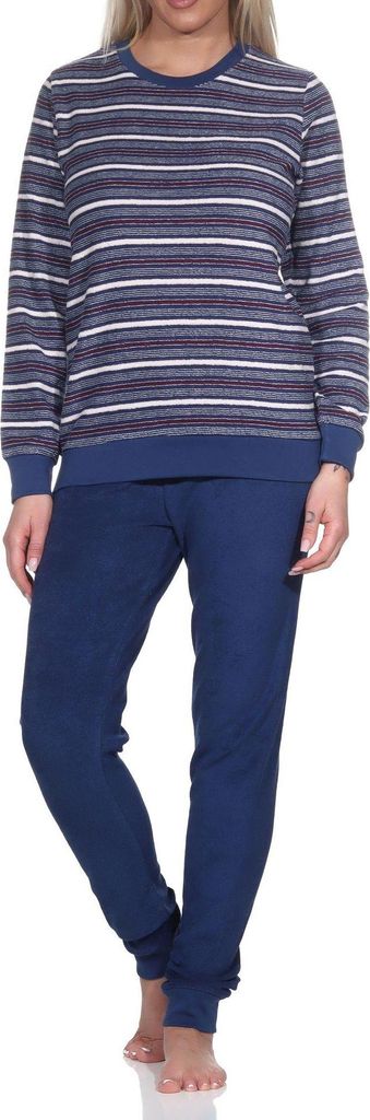 Wunderschöner Damen Frottee Schlafanzug langarm Pyjama mit Bündchen - auch in Übergrössen ; navy1 , 48