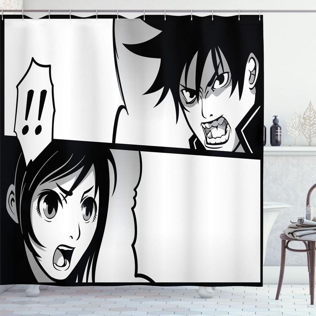 ABAKUHAUS Anime Duschvorhang, Manga Anime Illustration Cartoon Comic Dialog Bild Sprachblase Karikatur, 175 x 200 cm, Schwarz Weiß Grau
