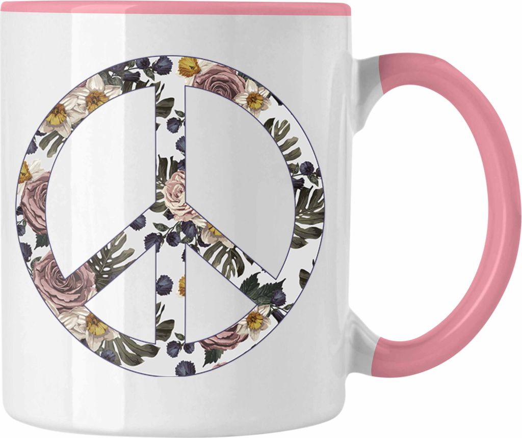 Trendation - Peace Zeichen Tasse Geschenk Hippies Frieden Stop Geschenkidee Blumen (Rosa)