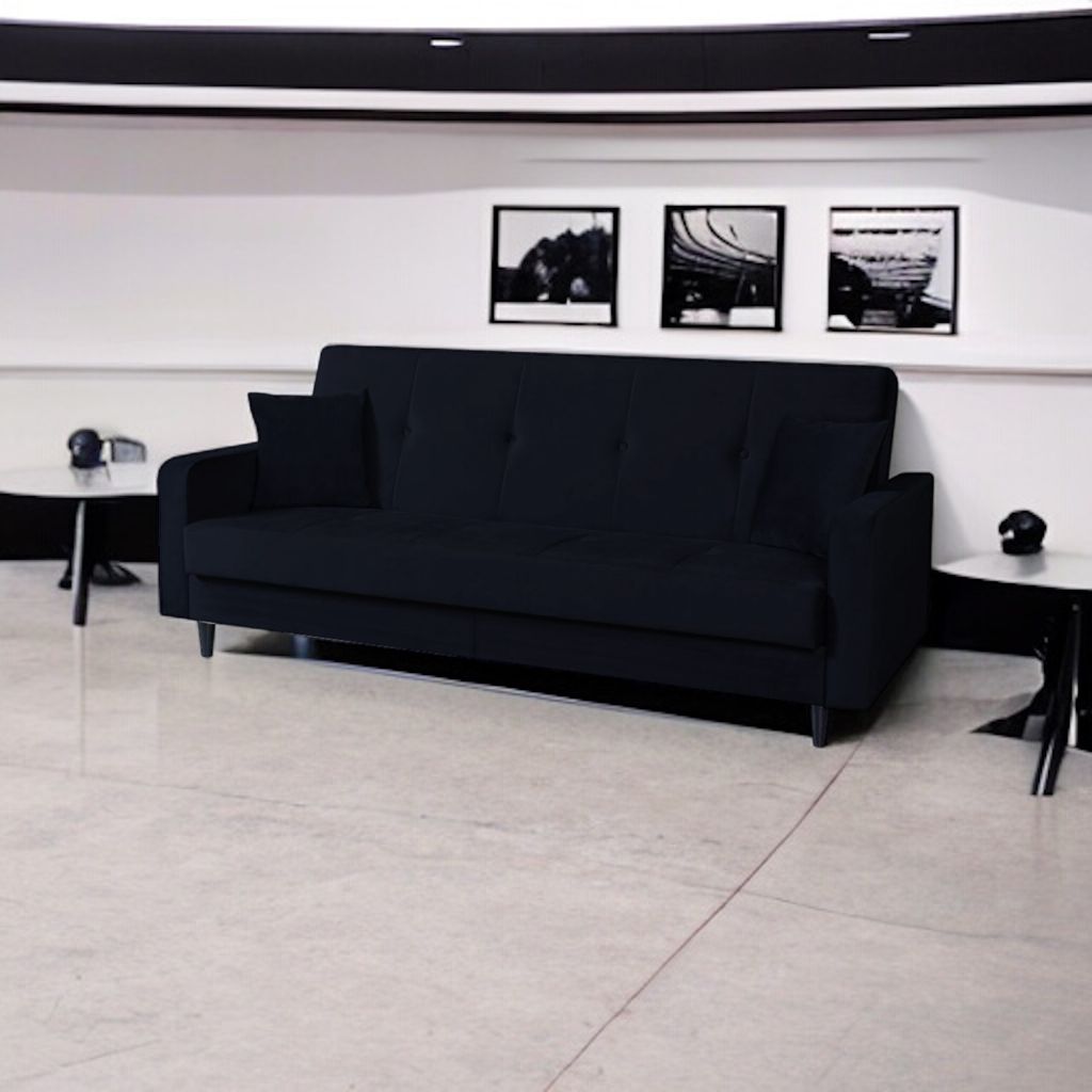 Sofa Luna Schlafsofa im skandinavisches Stil, Couch mit Schlaffunktion und Bettkasten, Polstersofa für Wohnzimmer 213 cm Farbe: Paris 167 - schwarz