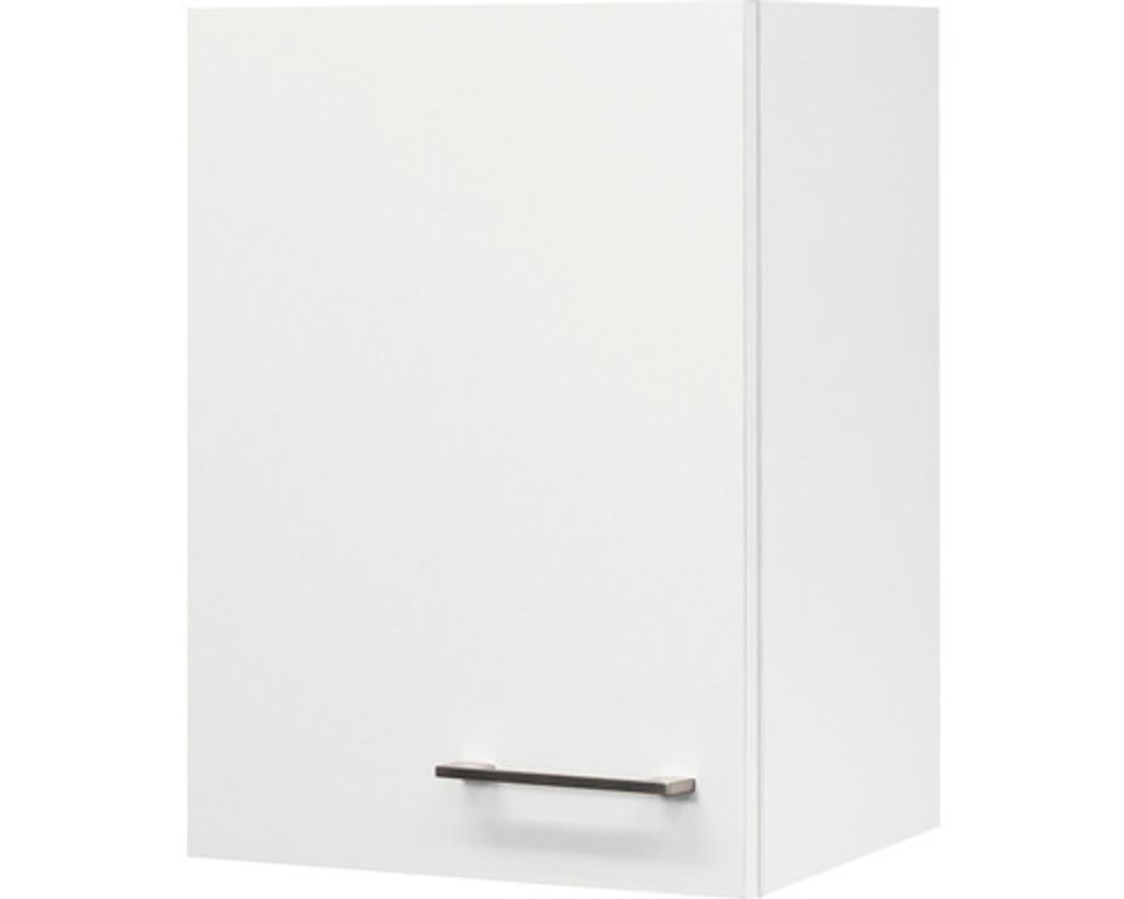 A white kitchen cabinet with a silver handle.