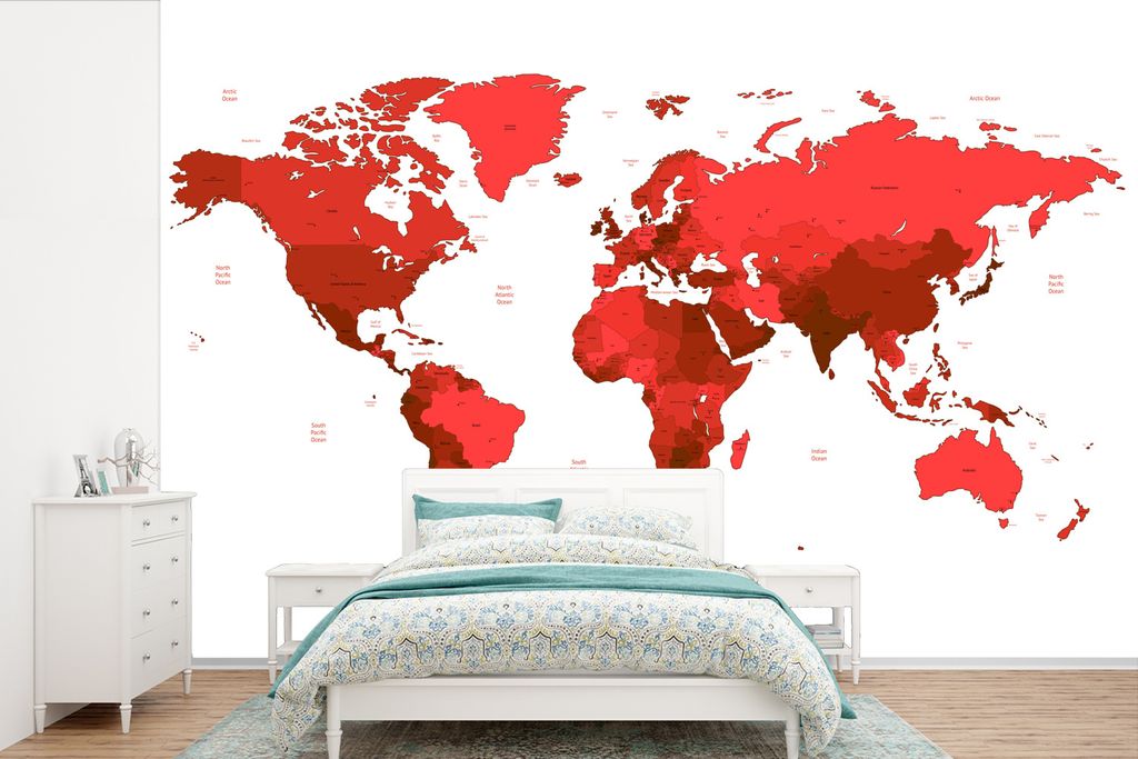 MuchoWow Fototapete für Wohnzimmer oder Schlafzimmer Wandtapete Vinyl Motivtapete Weltkarte - Rot - Einfach - 525x350 cm - Das Hintergrundbild