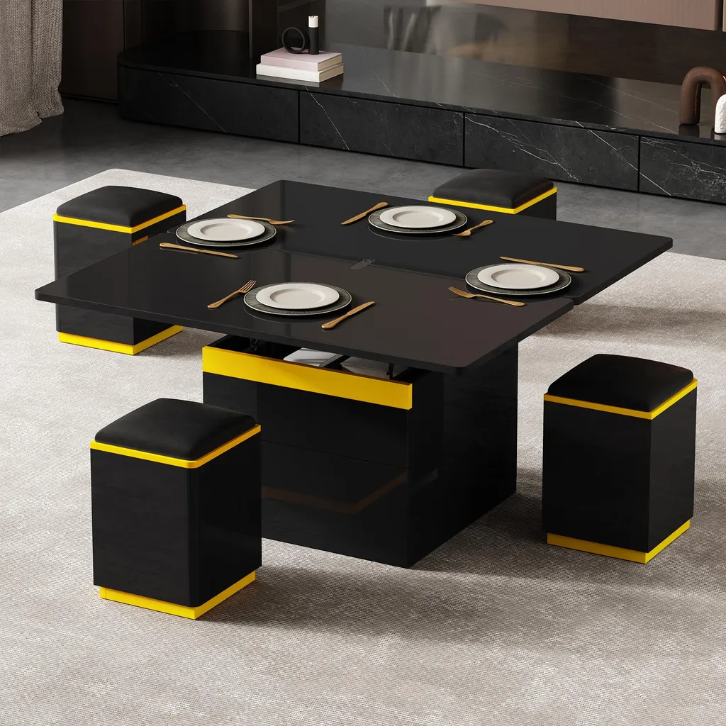 Table Basse Relevable et Extensible Noir Brillant avec 4 Tabourets