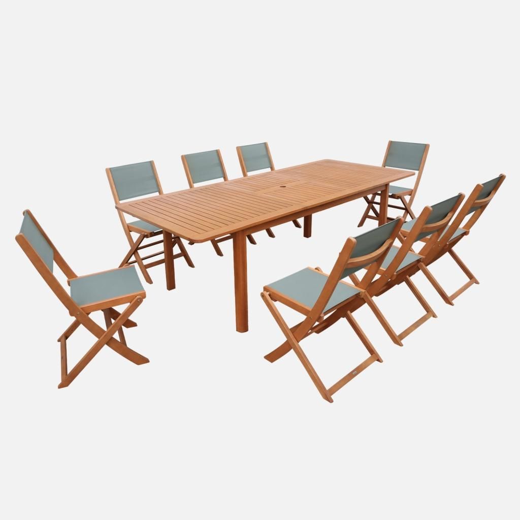 sweeek - Ausziehbarer Gartentisch aus Eukalyptusholz + 8 Stühle - Natur