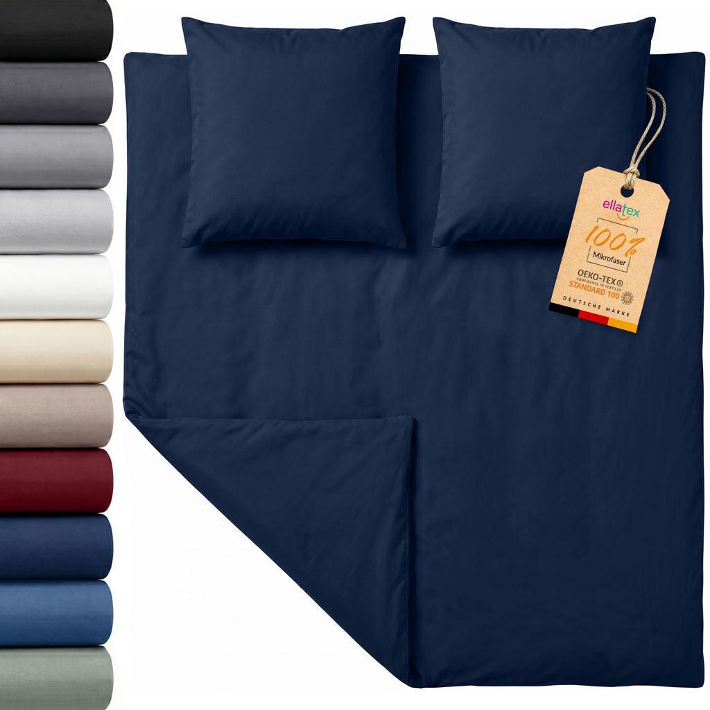 EllaTex Premium Mikrofaser Bettwäsche 200x200 + 2x 80x80 cm – 3 teiliges Bettwäsche Set, Farbe: Dunkelblau