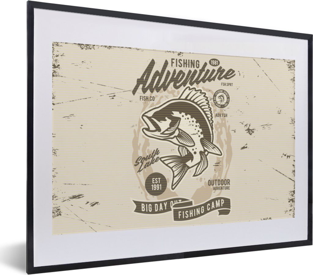 MuchoWow MuchoWow Gerahmtes Poster Fisch - Briefe - Vintage - Zeichnung 40x30 cm - Poster mit zchwarzem Bilderrahmen - Bilderrahmen - Poster im...