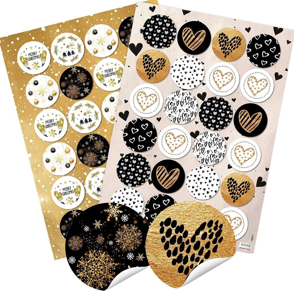 24 Weihnachtsaufkleber MERRY CHRISTMAS + 24 Herz Sticker gold schwarz weiß