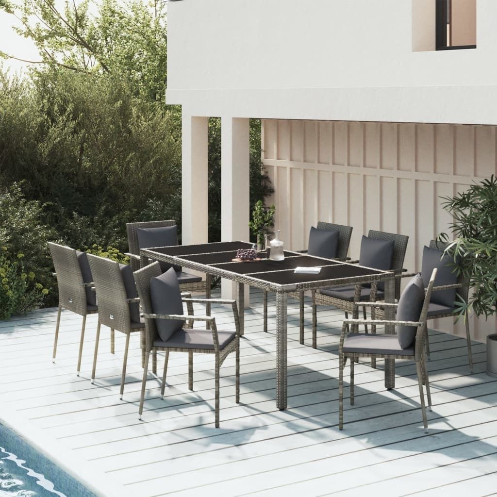 2025 Moderne Gartenmöbel Set Balkonmöbel-Set 9-tlg. Garten-Essgruppe mit Kissen Grau Poly Rattan - Gartenmöbelgarnituren,Design 7240749 3parcel