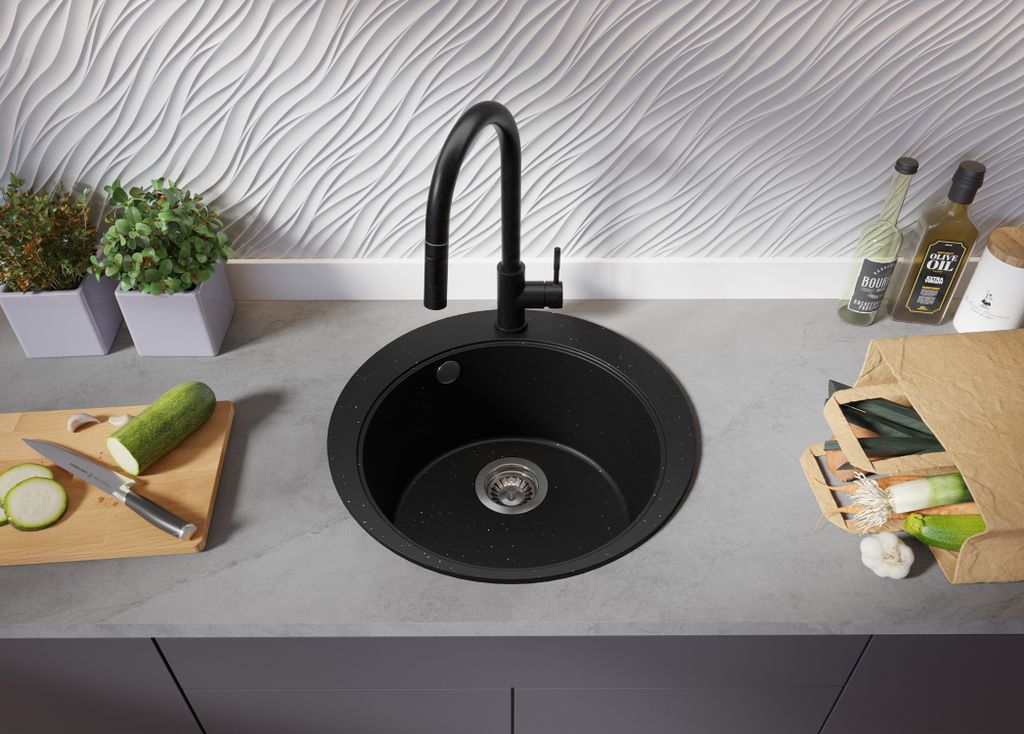 Spülbecken Rund Schwarz Metallic 50x50cm, Granitspüle 1 Produktbild 7
