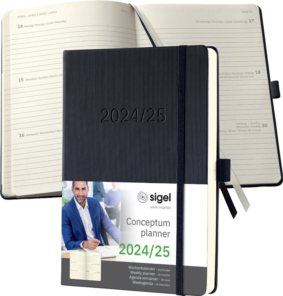SIGEL C2501 Wochenkalender Conceptum 2024/2025 - ca. A5 - schwarz - Hardcover - 2 Seiten = 1 Woche - 256 S. - PEFC-