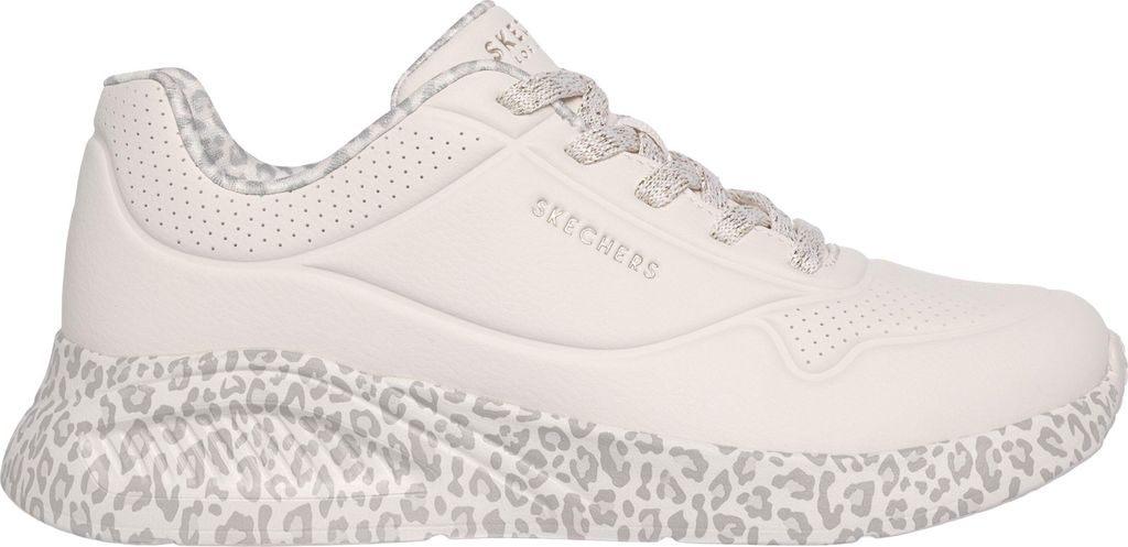 A single white sneaker with a leopard print sole and accents.