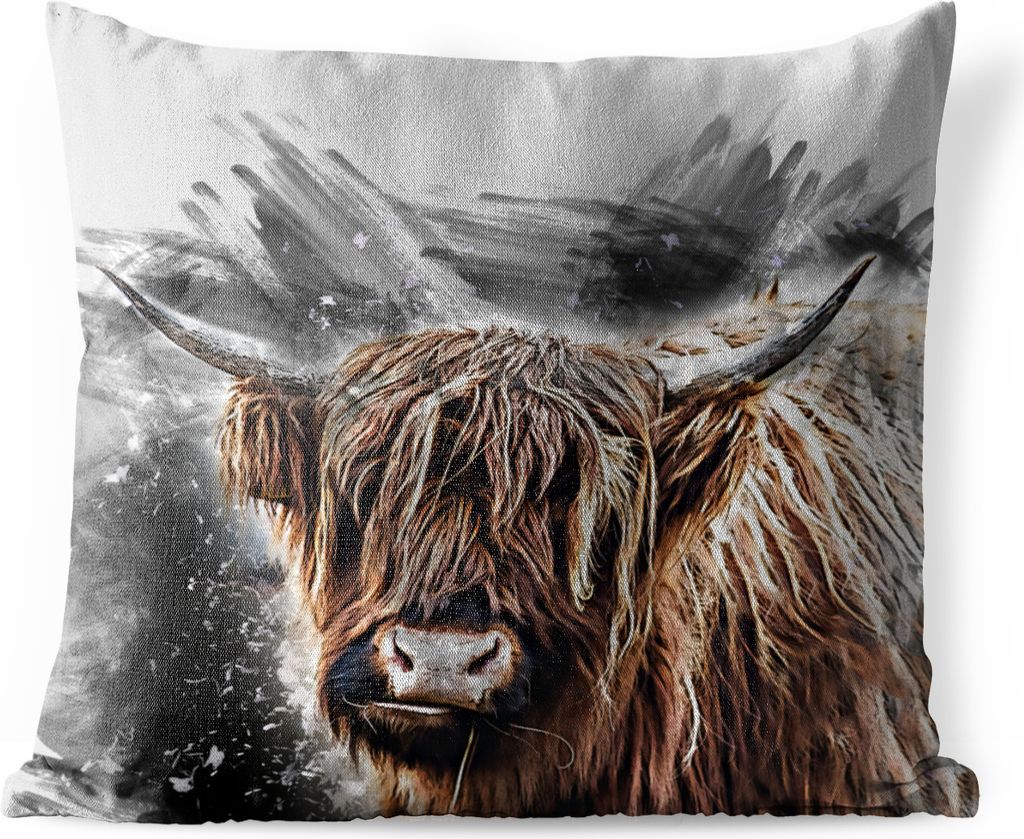 MuchoWow Outdoor Kissen - Porträt Schottisches Hochlandrind - Abstrakt - 45x45 cm - Wetterfest - Lounge Kissen - Fotokissen - Dekoratives Kissen