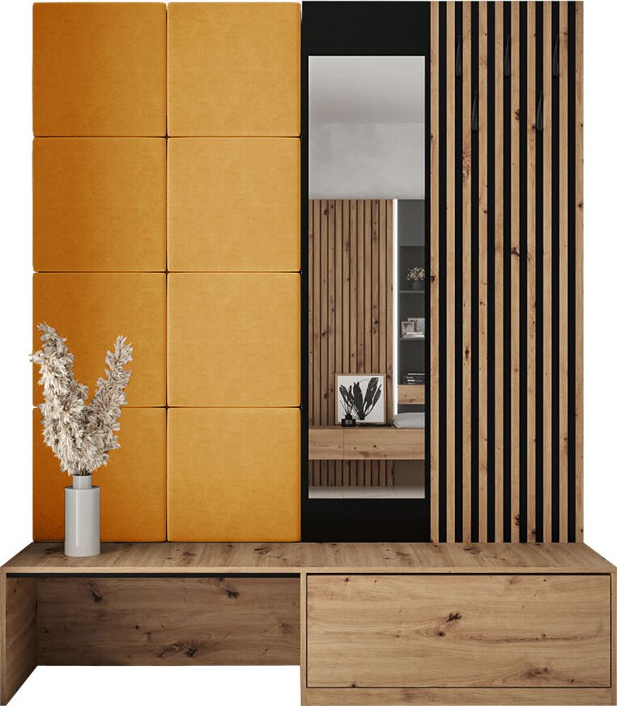 MIRJAN24 Garderoben-Set Premium, Garderobe mit 8x Wandpanel 42x42, Schuhschrank + Spiegel + Lamellen Paneel mit Kleiderhaken (Farbe: Artisan Eiche,...