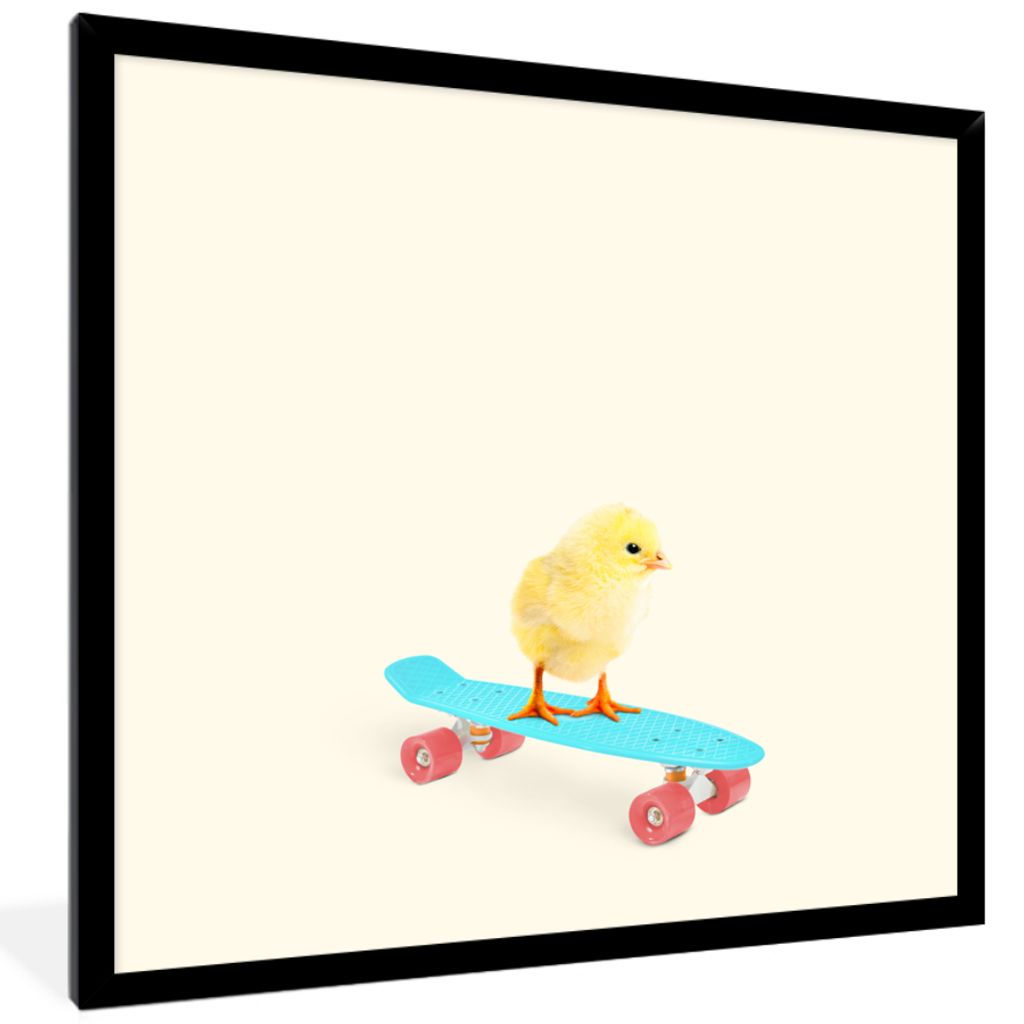 MuchoWow Gerahmtes Poster Küken - Gelb - Skateboard - Blau - Tiere 40x40 cm - Poster mit Schwarzem Bilderrahmen Wandposter Rahmen Foto Bilder - ...