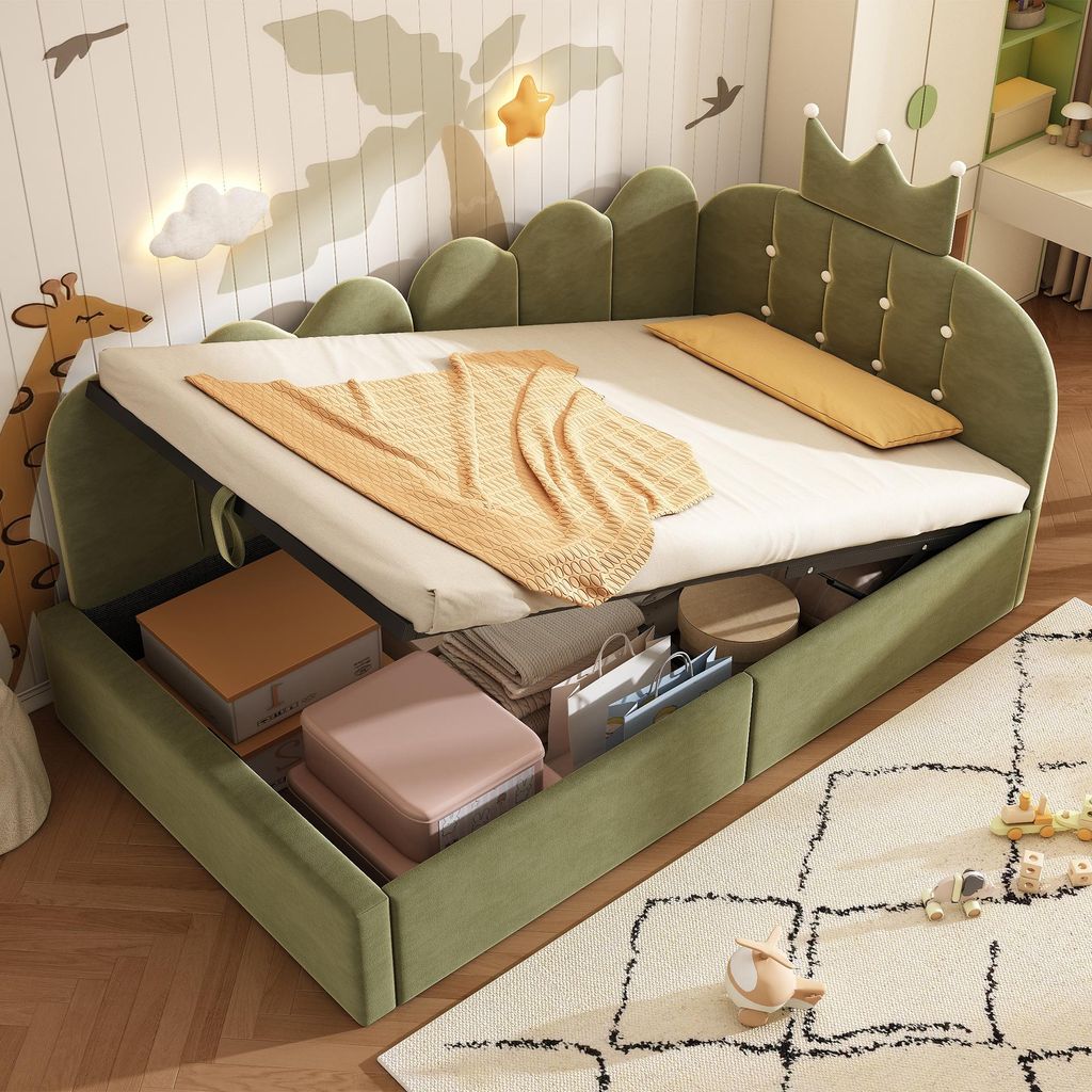 MODFU Polsterbett Schlafsofa 90x190 mit Kronen-Gitter-Design Kinderbett mit Stauraum (hydraulisch) Einzelbett Geeignet für das Kinderzimmer mit Ma...