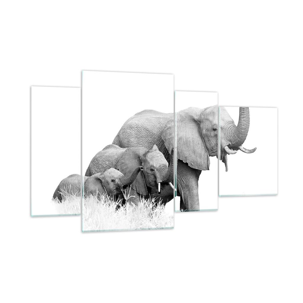 Bilder auf glas - 4 Teile - Elefanten Familie Schwarz und Weiß - 120x70cm - Glasbilder - Wandbilder - Bilder - Wanddekoration aus Glas - Glas Bild...