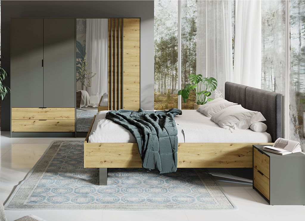 Schlafzimmer Set 3-teilig mit Bettgestell 180x200 cm modern in grau mit Eiche RAGUSA-166