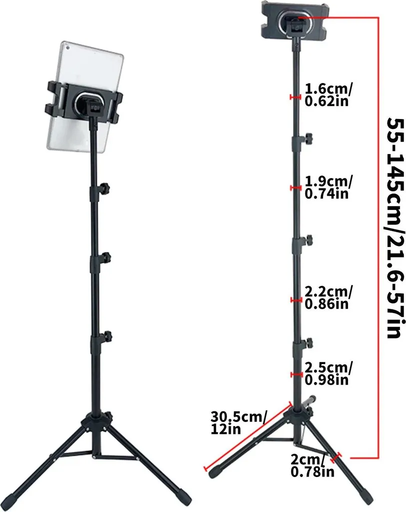 Supporto per tablet e smartphone - Treppiede da pavimento - Regolabile in altezza - Metallo - Per dispositivi da 20-33 cm - Verde oliva - 12