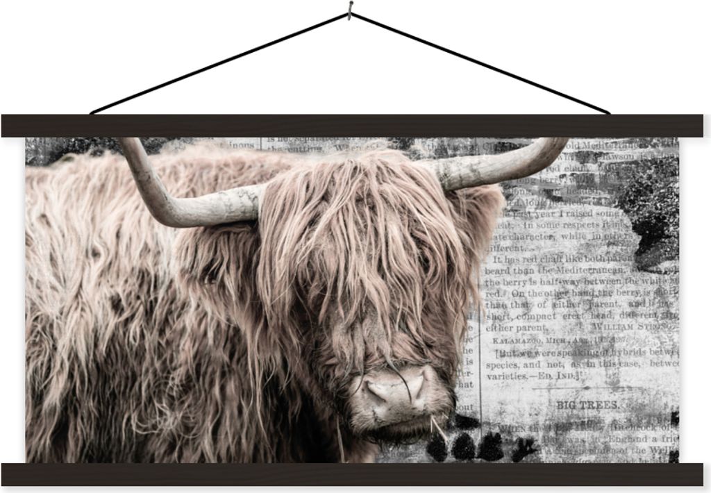 MuchoWow Textilposter Schottisches Hochlandrind - Jahrgang - Buch 120x60 cm mit schwarzem Rahmen - Dekoration Schlafzimmer