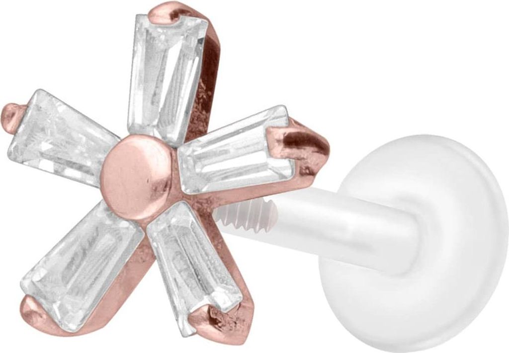 Ohrpiercing, Nasenpiercing PTFE Labret mit Innengewinde + Titan-Aufsatz KRISTALLBLUME RoséGold Stablänge: 10mm | Stabstärke: 1,2mm