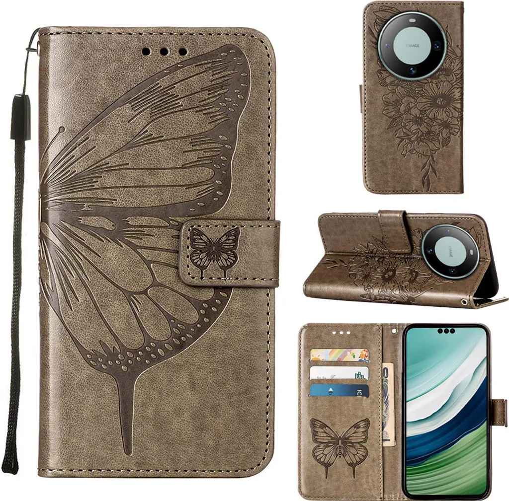 Custodia per Huawei Mate 60 Pro Butterfly Relief Custodia in pelle flip con tasche per carte e stand Grigio