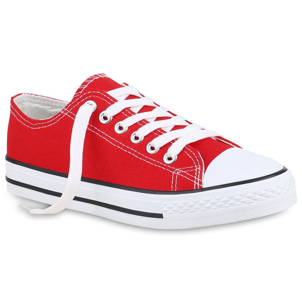 Mytrendshoe Damen Sneaker Low Basic Turnschuhe Freizeit Schuhe Schnürer Flats 822373, Farbe: Rot, Größe: 36