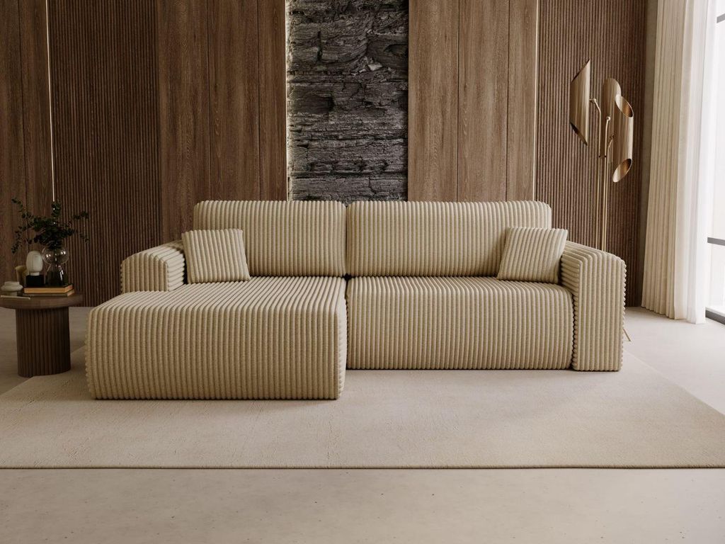 GrainGold Ecksofa L-Form Links Belvio - Ecksofa mit Schlaffunktion und Bettkasten - Moderne Ecksofa, Wohnzimmer Ecksofa - Eckcouch Beige (Tilia 03)