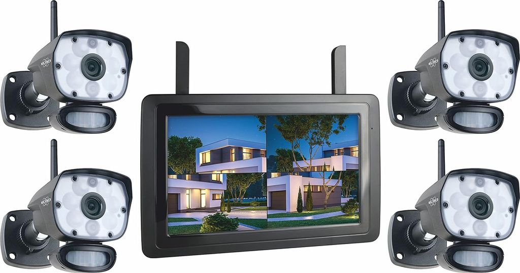 Überwachungskamera Komplettset 4 Kameras + 9Zoll Monitor, Handy Überwachungs App