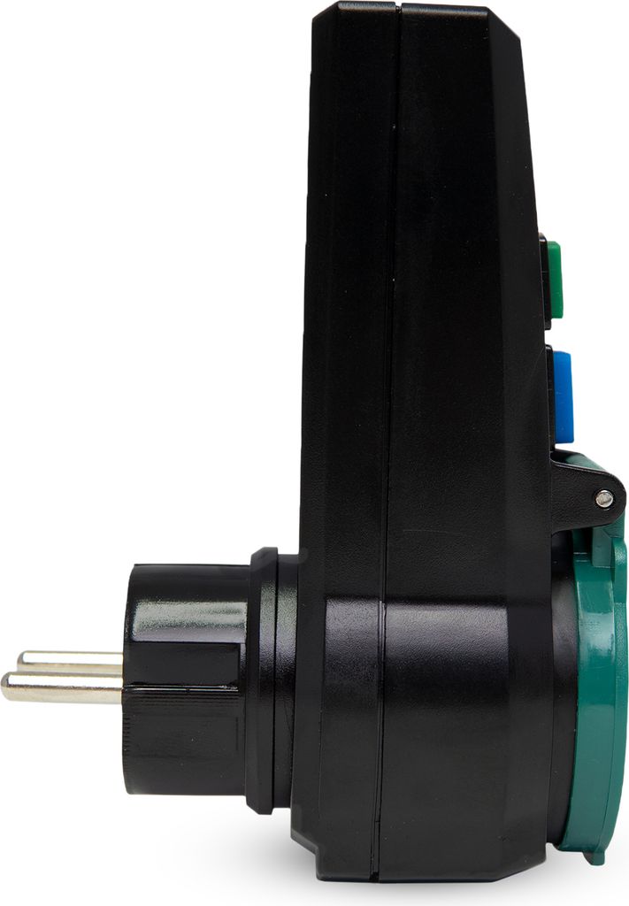 Side view of a black electrical plug adapter with green and blue buttons.