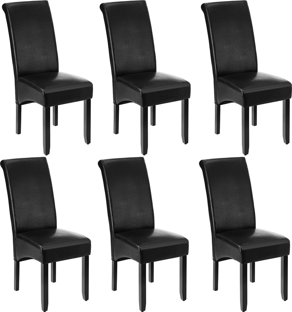 Six black dining chairs are arranged in two rows of three against a white background.