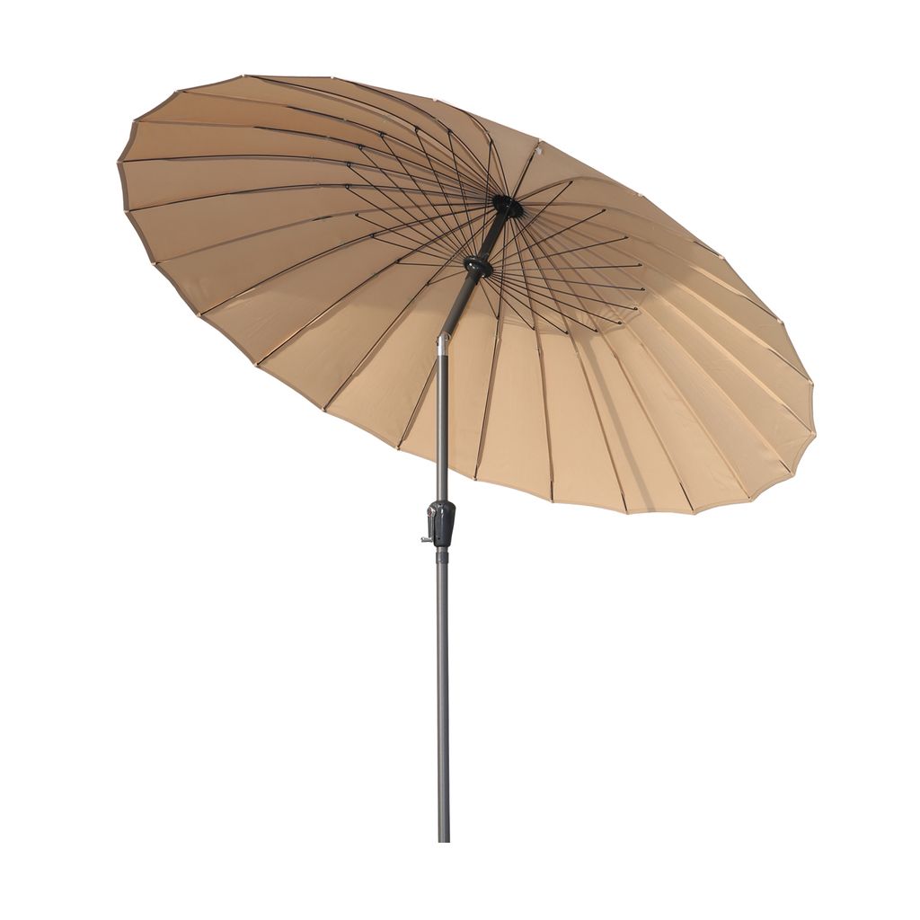 A beige patio umbrella on a white background.