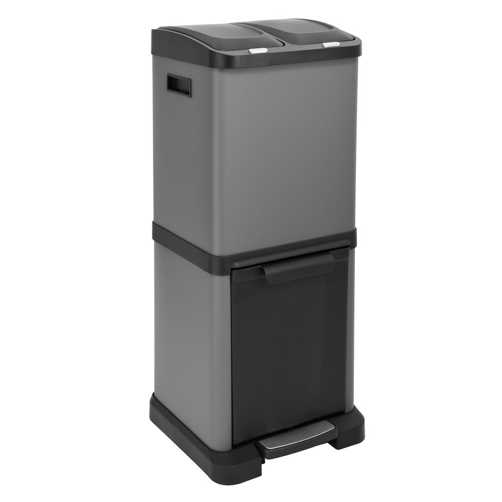 A gray and black multi-compartment trash can with foot pedals.