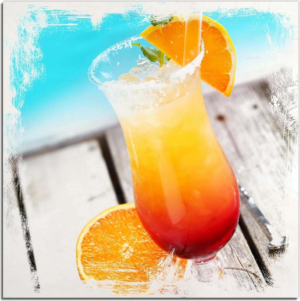 Kunstdrucke Wandbilder Holz in : Brillante Farben, Größe 50 x 50 cm Motiv Bunter Cocktail am Pool