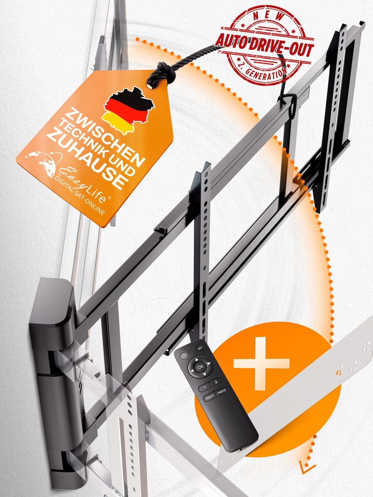 EasyLife TV Wandhalterung elektrisch mit Auto Drive-out Funktion, Ultra-Slim, schwenkbar bis 170°, 32–75 Zoll, VESA 200x200–600x400 - Schwarz