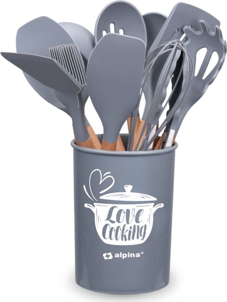 alpina Küchengeschirrset mit Halter, 12-teilig, Silikon-Utensilien mit Holzgriff, Grau