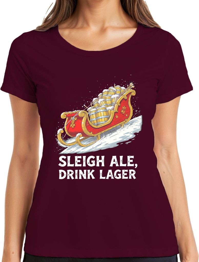Sleigh Ale Drink Lager Weihnachten Bier Geschenk Santa lustig Damen T-Shirt, Burgundy, XXL