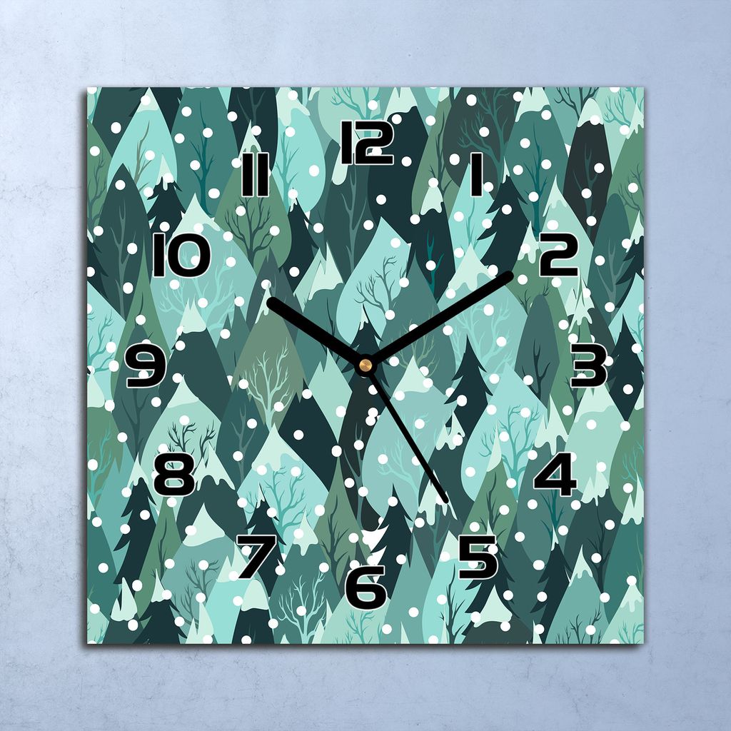 Wanduhr Echt-Glas-Küchenuhr Winterwald Berge Quarz Lautlos 30x30 Deko Bilder