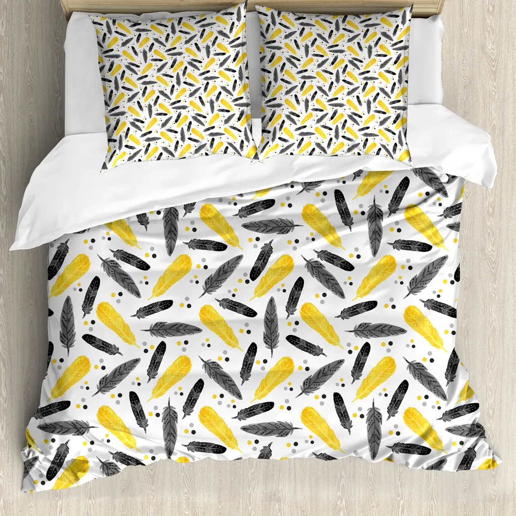ABAKUHAUS Copripiumino giallo, Federn Retro Dots, antiacaro, adatto a chi soffre di allergie, con federe, 155 cm x 220 cm - 80 x 80 cm, giallo nero